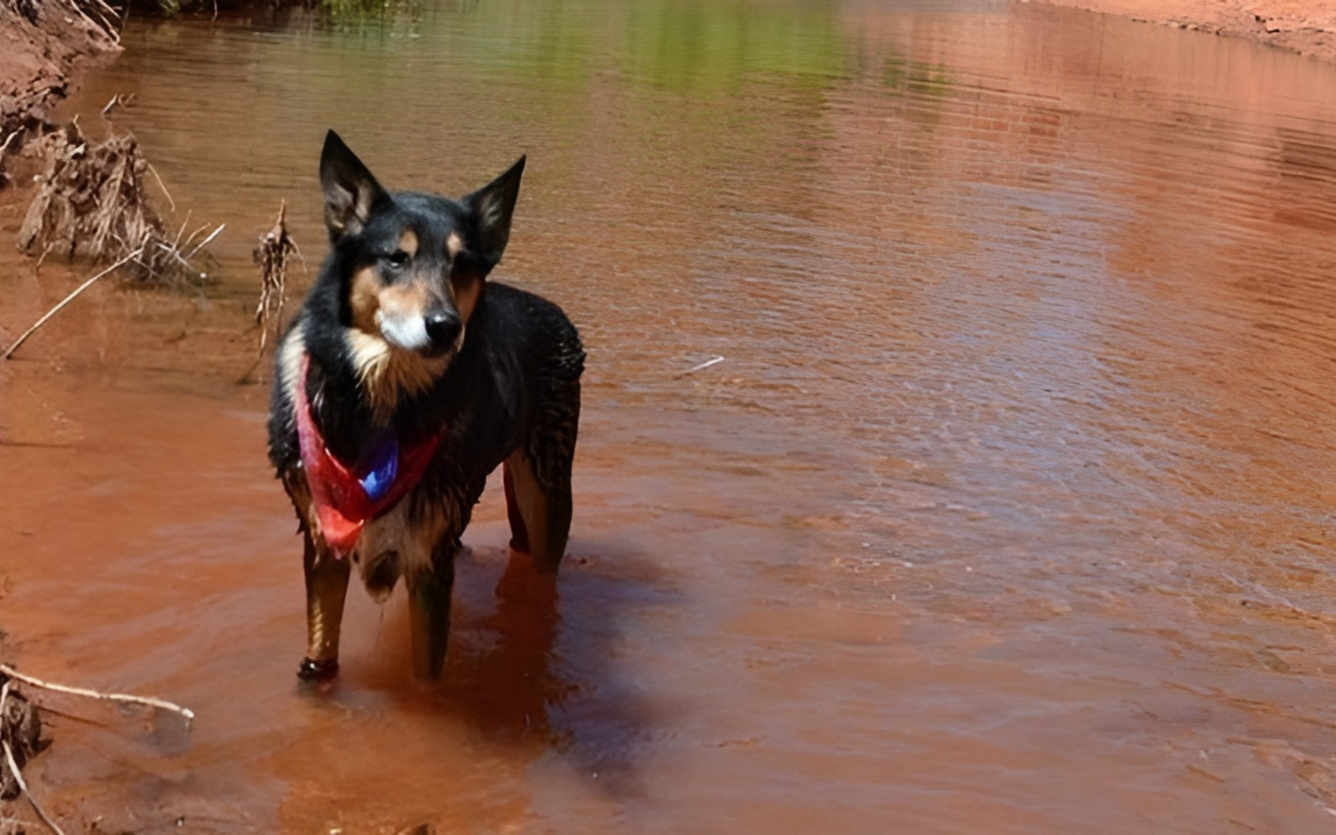 A dog standing in a river